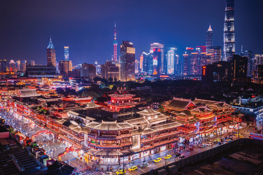 Shanghai skyline at twlight,Yu Yuan Garden At Twilight