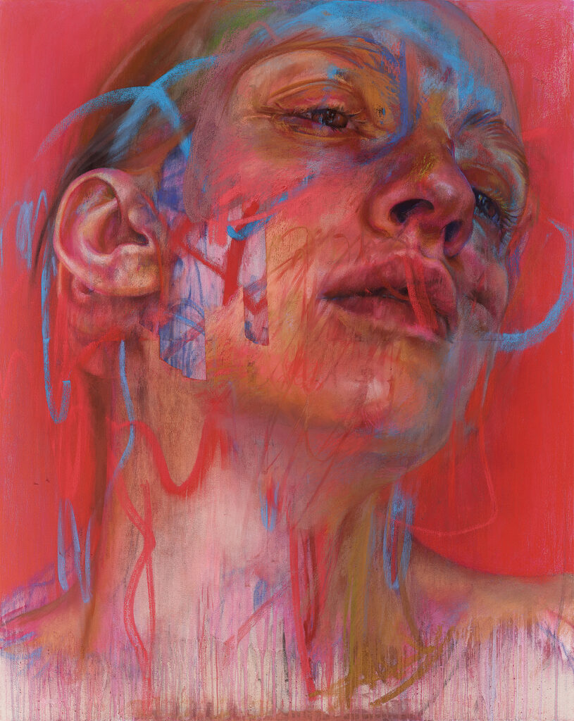 Image: An abstract portrait of a white woman with her head tilted back. Expressive and visible strokes of blue and red swipe over her features. The background is a coral red and paint drips are visible along the bottom of the frame.