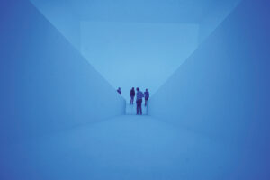 Journalists look at the light installati