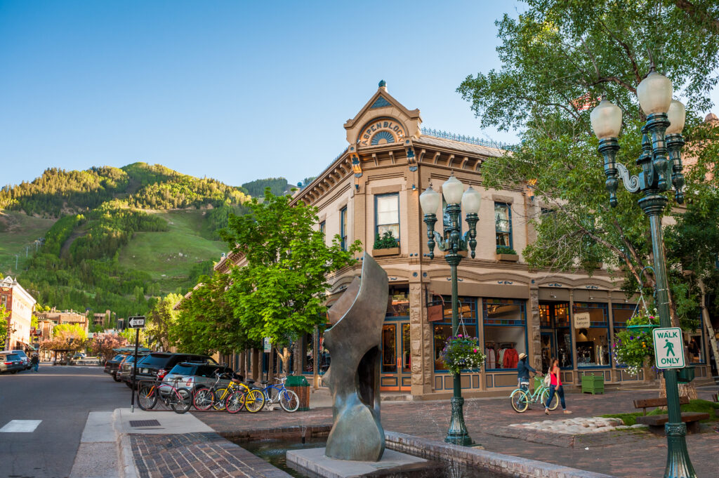 the corner facade of a historic, Victorian building provides retail shopping the foothills of the Rocky Mountains