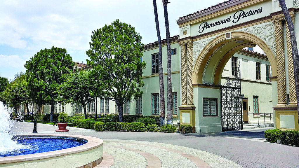 the entry facade featuring an arch and fountain for Paramount Pictures