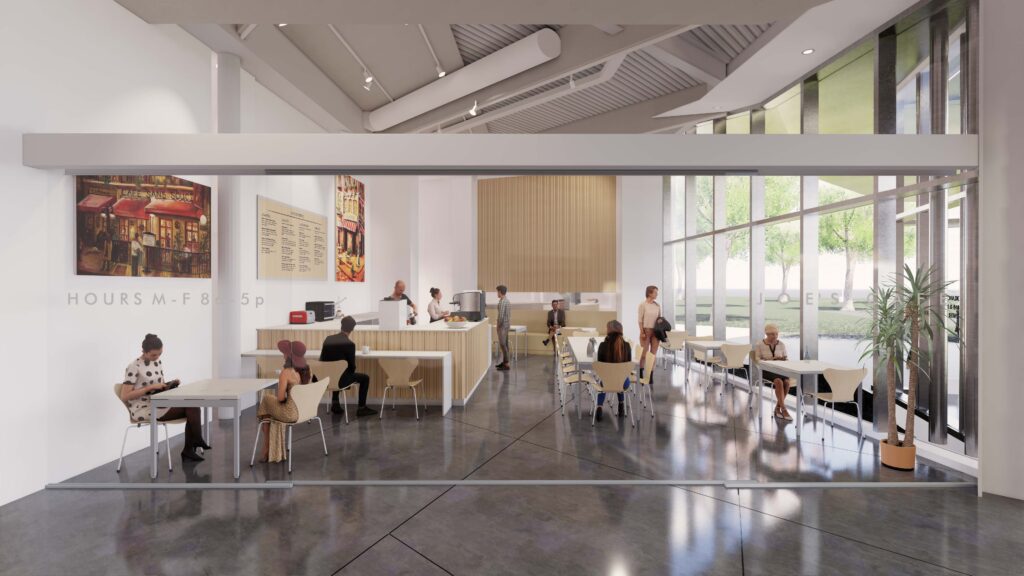 people eat at tables in a bright, modern cafe
