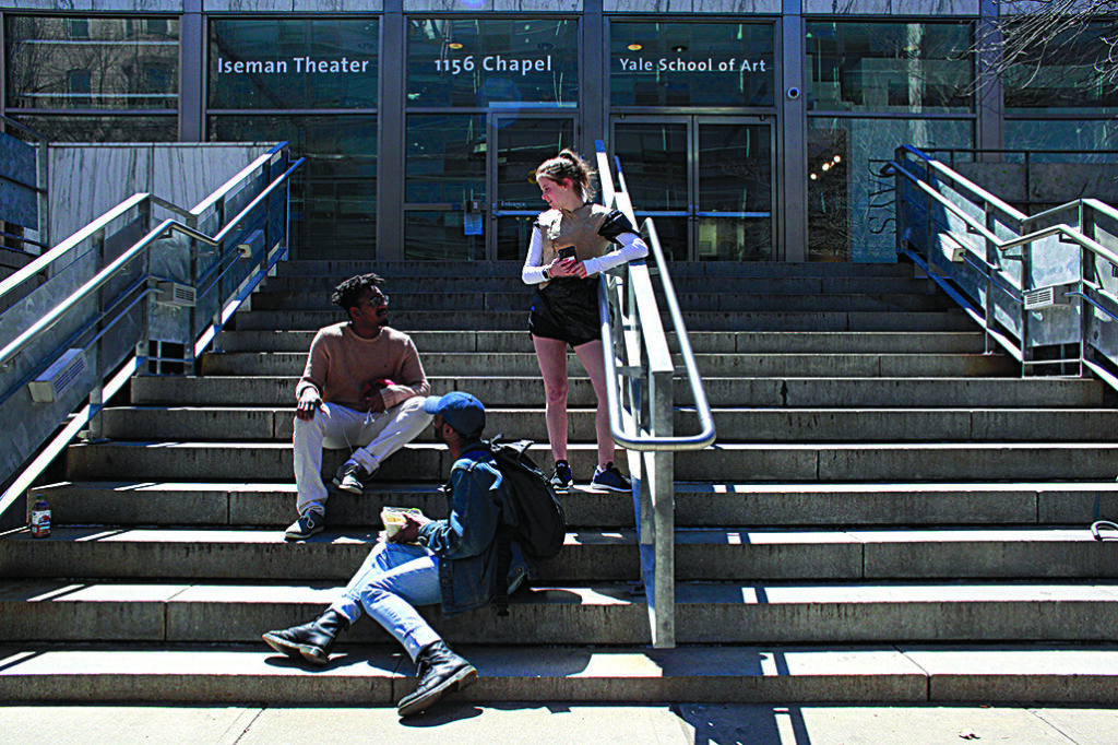 People gathered on the steps outside the Yale School of Art building.