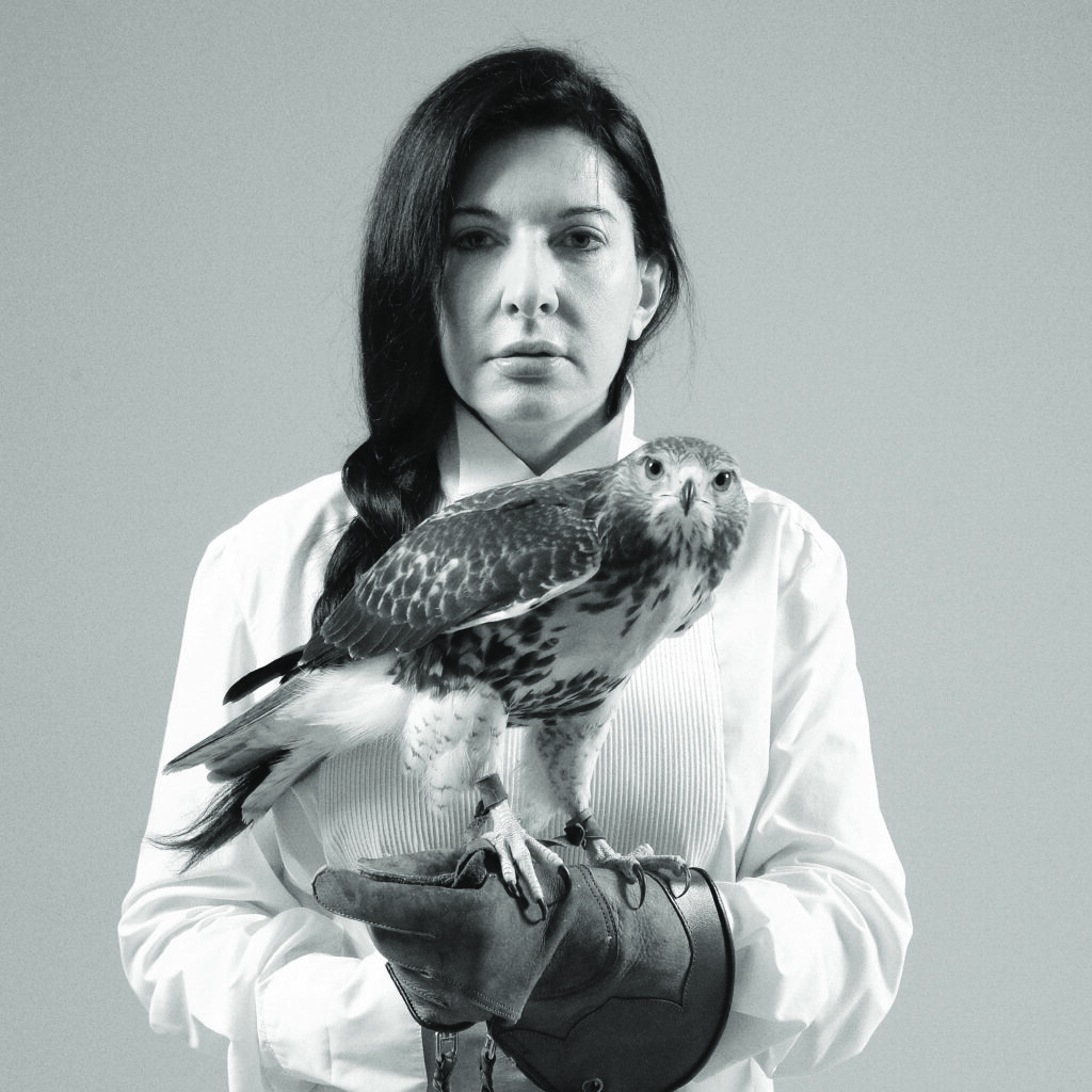 a falcon wraps its talons around the gloved hand of a woman