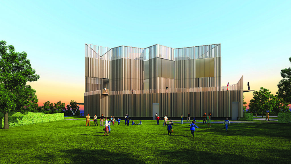 A rendering of a modern building in the middle of an urban park at sunset