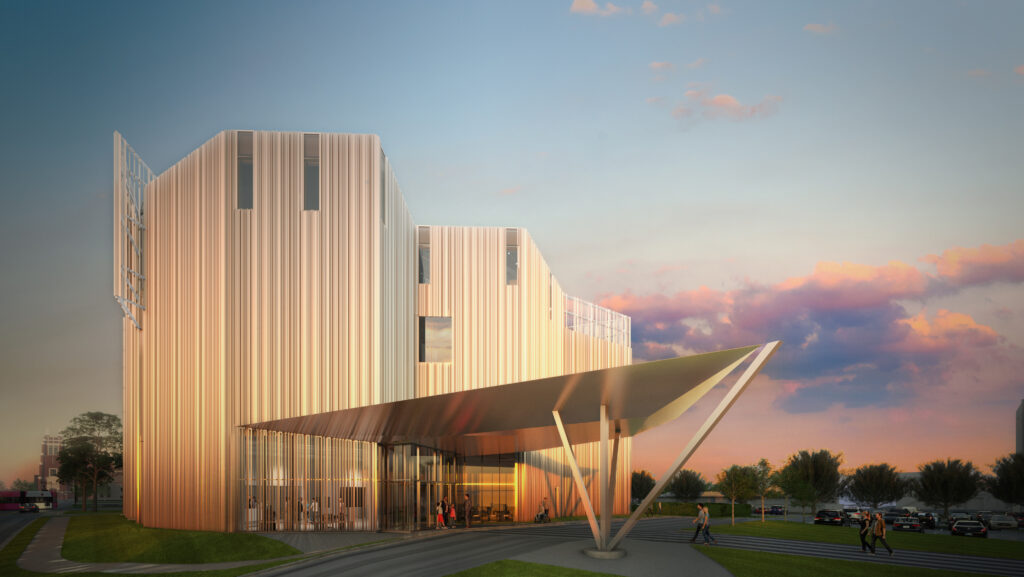 the Oklahoma Contemporary Exterior facade at sunset