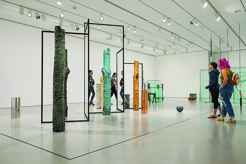 A contemporary gallery space where visitors walk among sculptural installations combining natural tree‑like forms with geometric framing