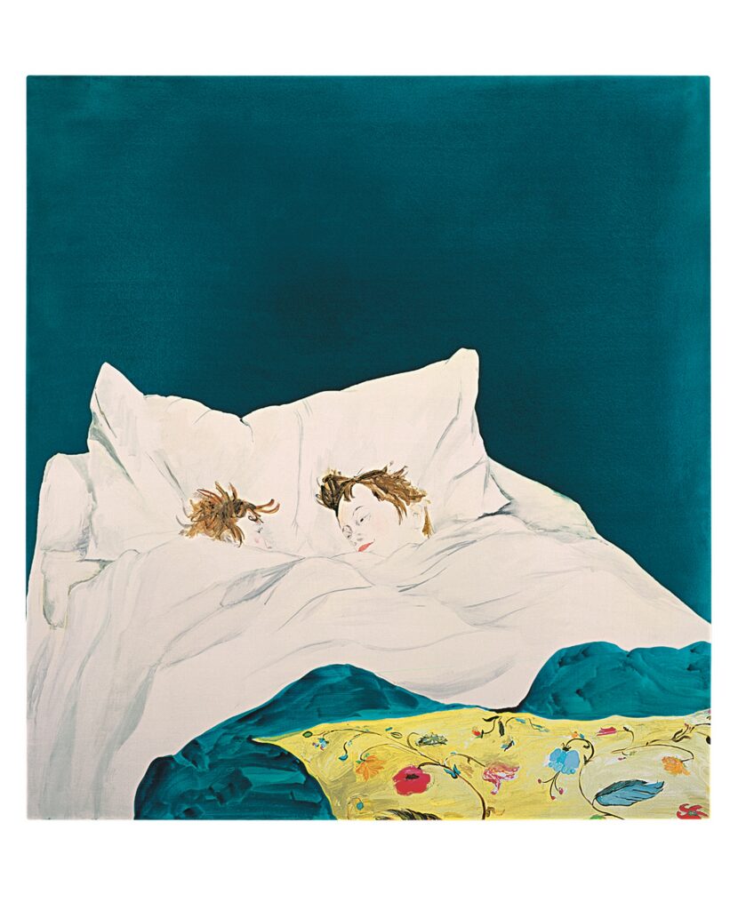 a painting of two children sleeping in a bed
