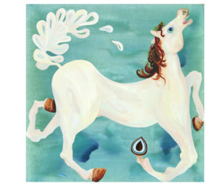 a painting of a white horse on a blue background